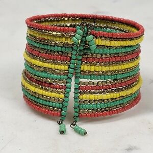 Handmade Beaded Cuff Bracelet Multicolor Wide Statement Boho Rasta Jewelry